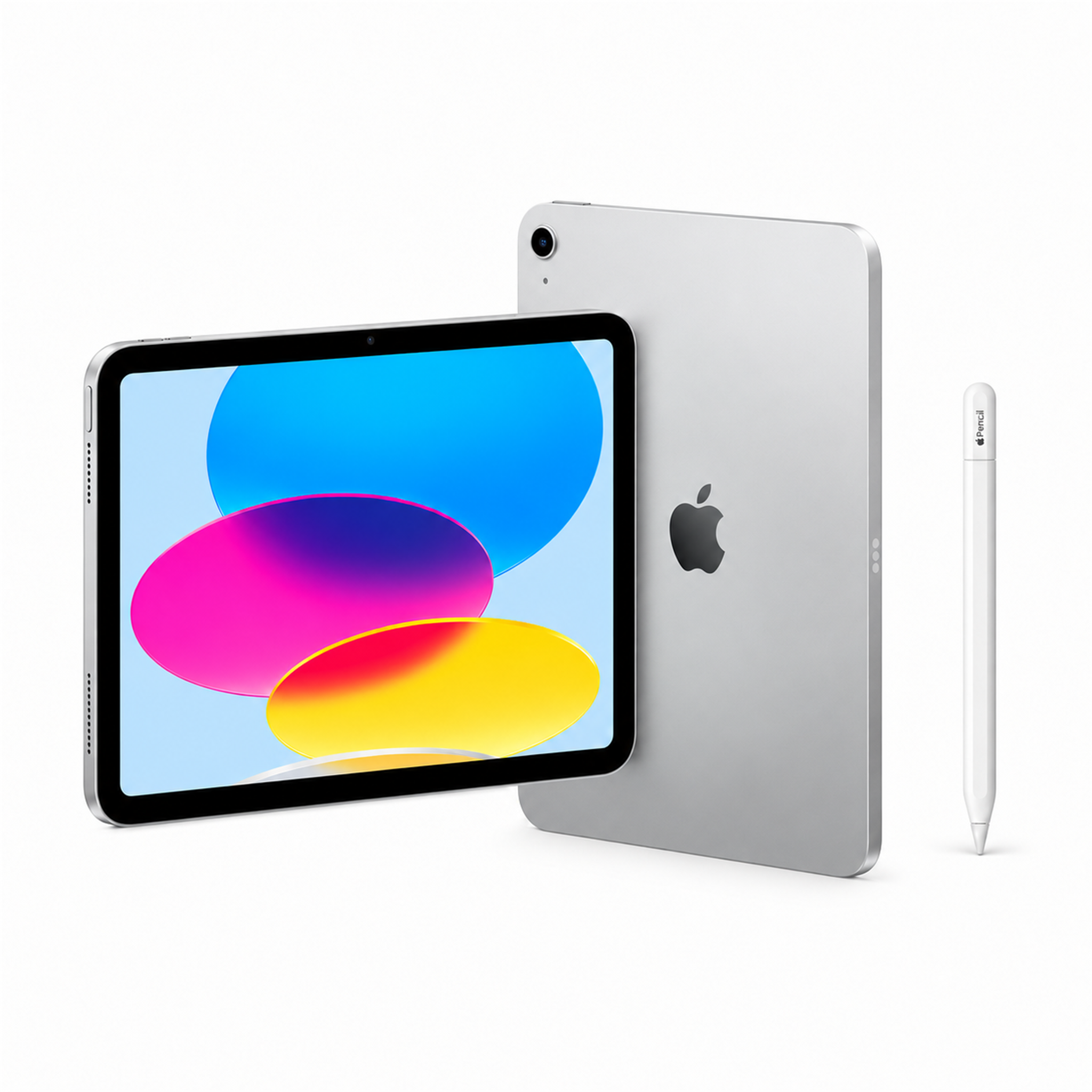 Apple iPad A16 in Silber mit weißem Apple Pencil USB-C.